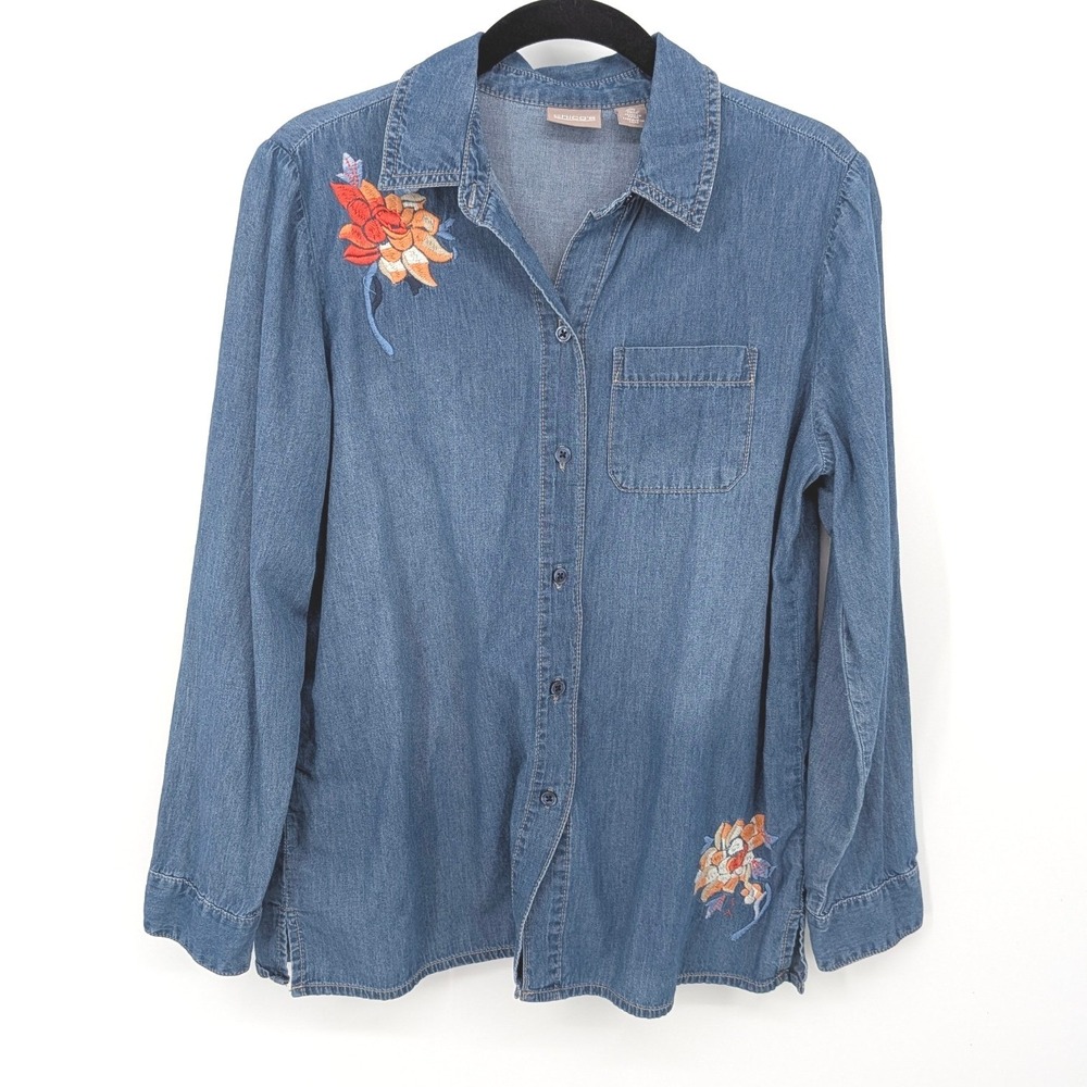 Chicos Button Down Women Small Blue Floral Embroidered Denim Shirt Boho Western